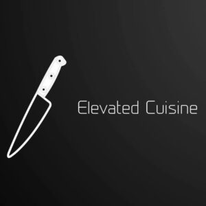 Elevated Cuisine logo: black background w/ a white chef's knife and words Elevated Cuisine